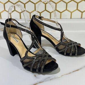 Alex Marie Black Rhinestone Strappy Block Heels Size 6.5 New
